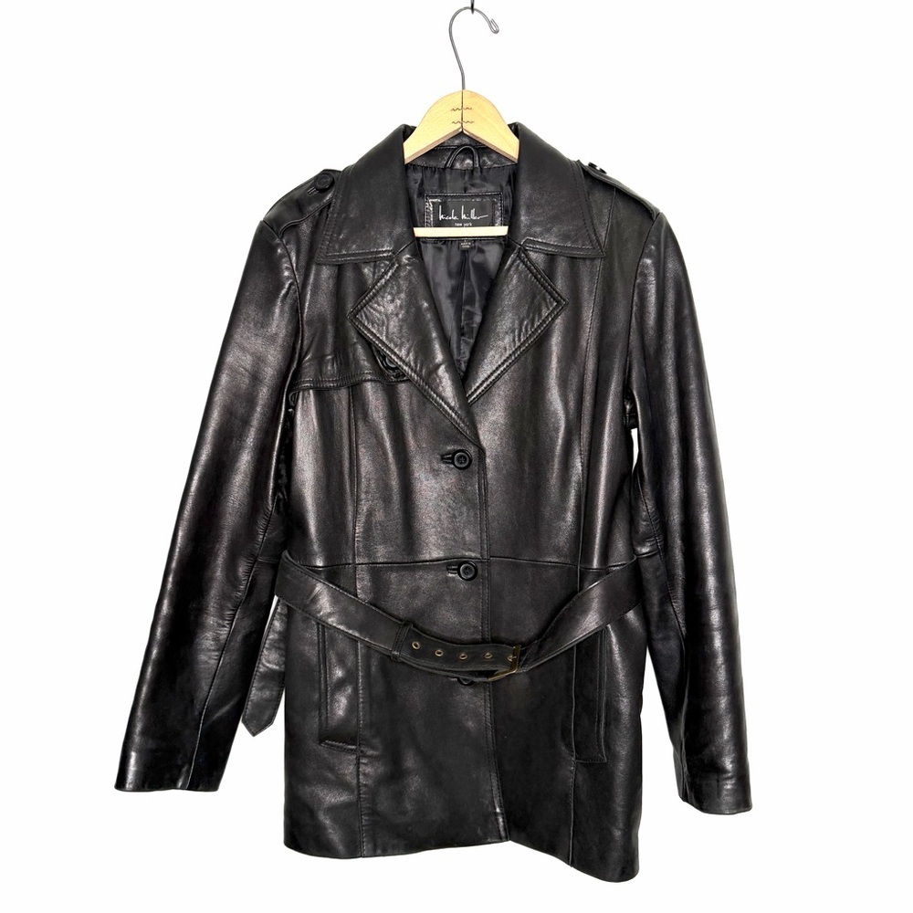 Nicole Miller Black 3/4 Length Leather Trench Coat Front Button Belted Size L
